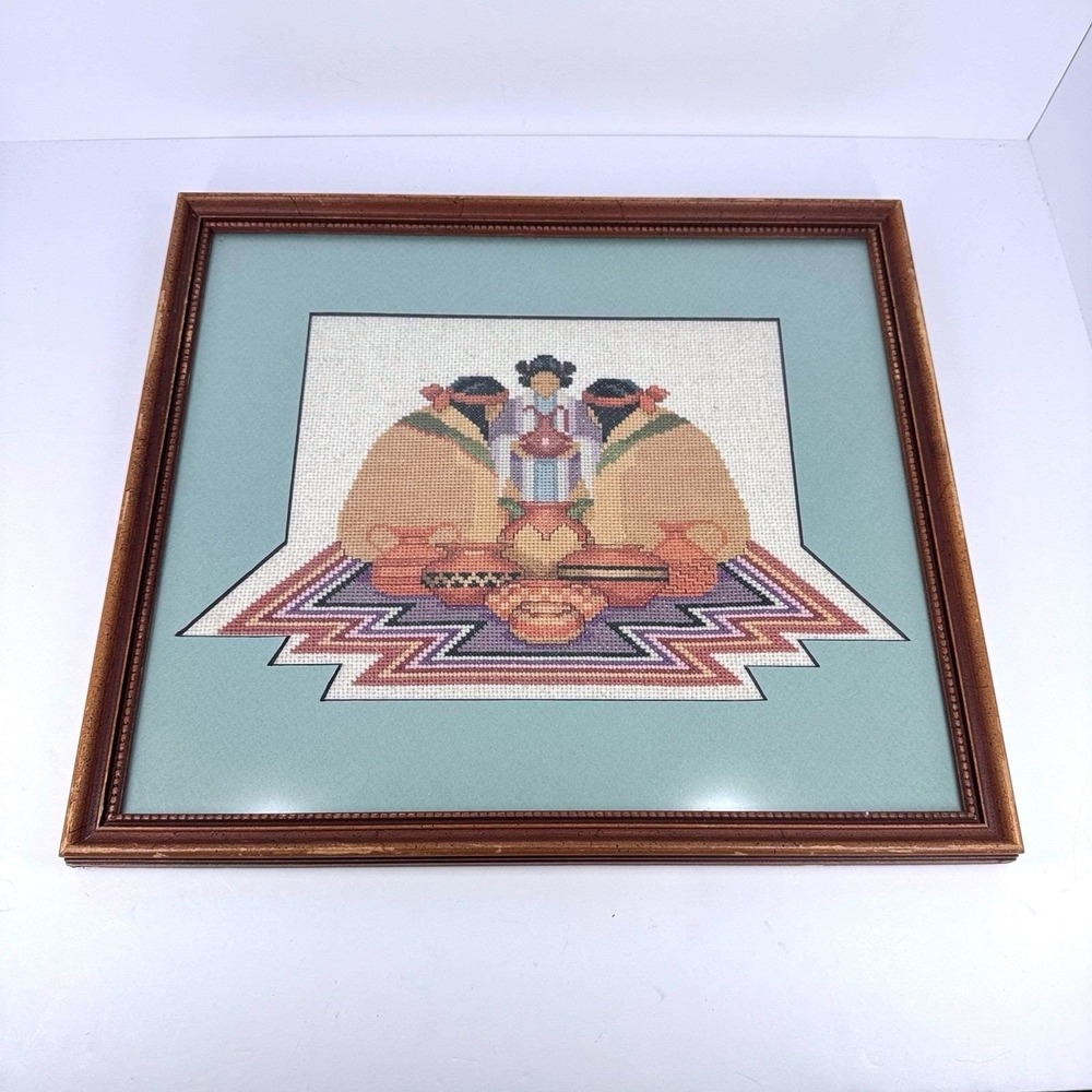 Framed Hand Stitched Needlepoint Southwest Figure Wall‎ Art Wood Frame 13x15